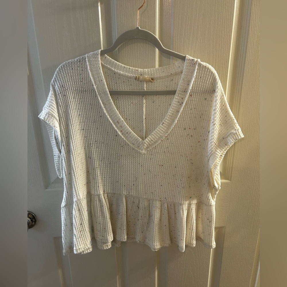 White Speckled Waffle Knit Peplum Top